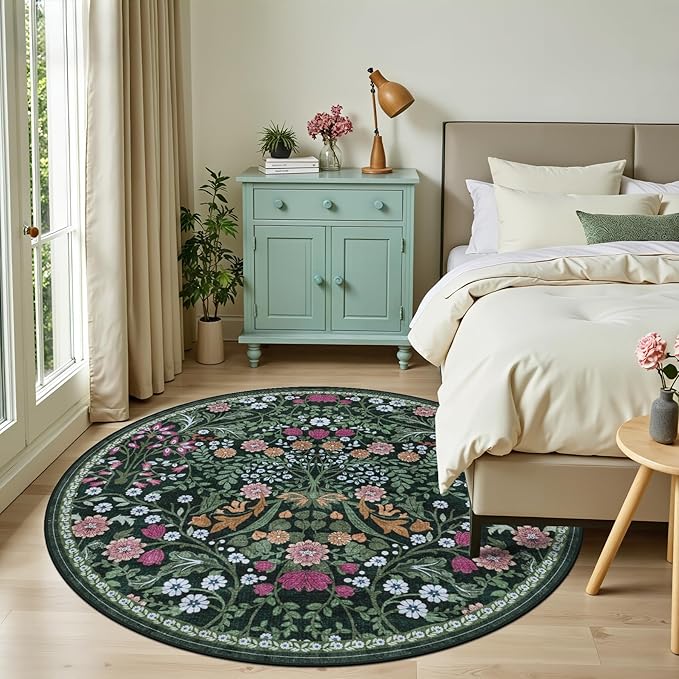 Round Area Rug for Living Room: 6 ft Floral Washable Circle Rug Soft Boho Non-Slip Carpet Indoor Stain Resistant Low Pile Small Circular Rug for Bedroom Entryway Kitchen Nursery Home Office Dark Green
