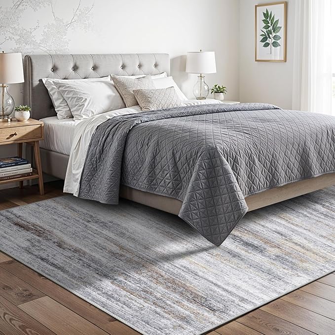 5x7 Area Rug for Living Room: Non-Slip Washable Rugs for Dining Room Bedroom Study Home Office - Easy-to-Clean Stain and Water Resistant Carpet - Soft Low-Pile Mat Beige Grey