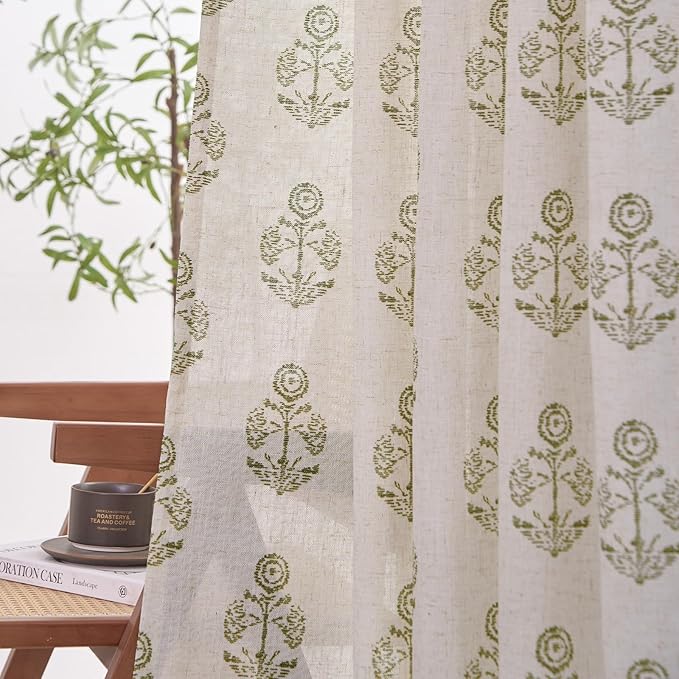 jinchan Linen Floral Curtains for Living Room 63 Inch Length Green Flower Cottage Core Farmhouse Curtains Rod Pocket Back Tab Boho Semi Sheer Window Drapes Bedroom Set 2 Panels Green on Beige