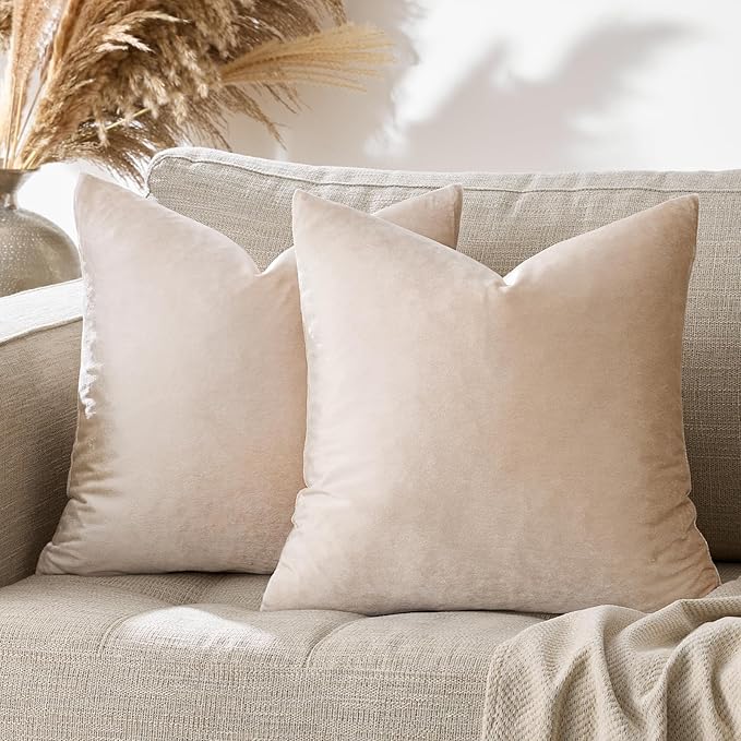 GIGIZAZA Beige Velvet Pillow Covers: Pack of 2 Super Soft Throw Pillows Solid Vintage Covers - 18x18 Decorative Elegant Champagne Couch Small Square Cushion Covers Used for Living Room,Bedroom