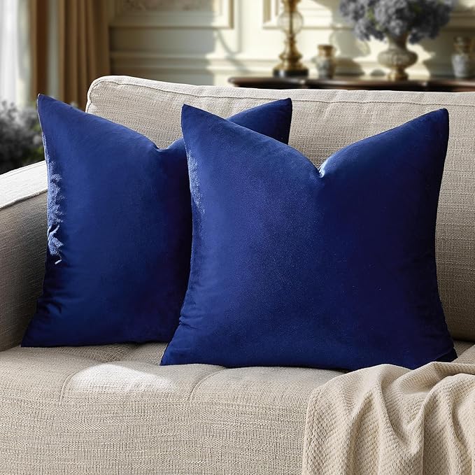 GIGIZAZA Blue Large Throw Pillow Covers, Pack of 2 Velvet 26x26 Couch Pillows for Living Room Decorative Square Super Soft Cushion Cases Home Decor Sofa Bedroom Pillowcases
