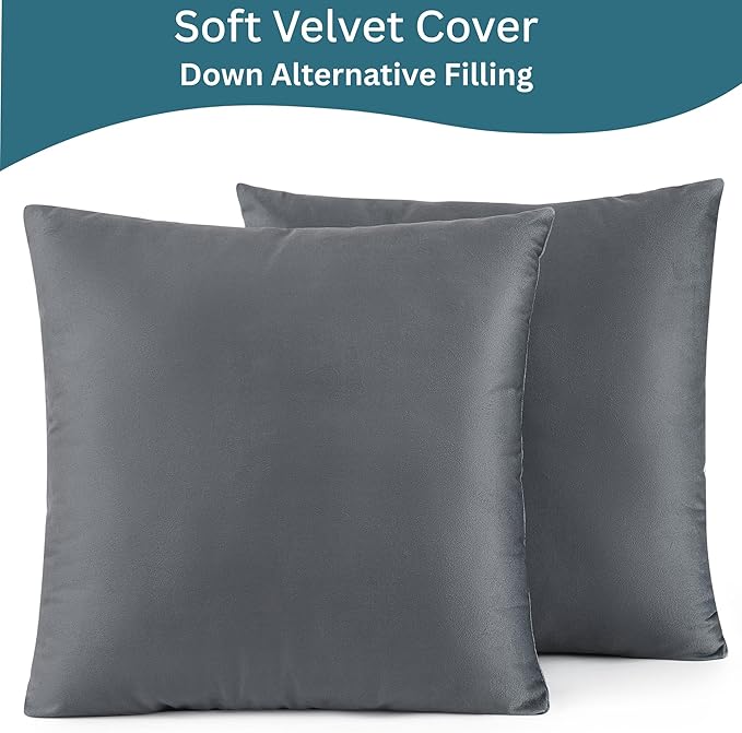 LANE LINEN Polyester Fiber Filled Decorative Cum Throw Pillow Inserts Pack of 2-18 x 18 Inches, Soft & Comfortable Fulffy Filling, Holds Shape Well Over time and use - Dark Grey Cushion Inserts