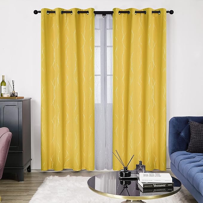 Deconovo Blackout Curtains 108 Inches Long, Yellow Drapes with Wave Dots Foil Print, Thermal Insulated Soundoroof Curtain for Living Room Bedroom, 52 x 108 Inch, Machine Washable Panels, Set of 2