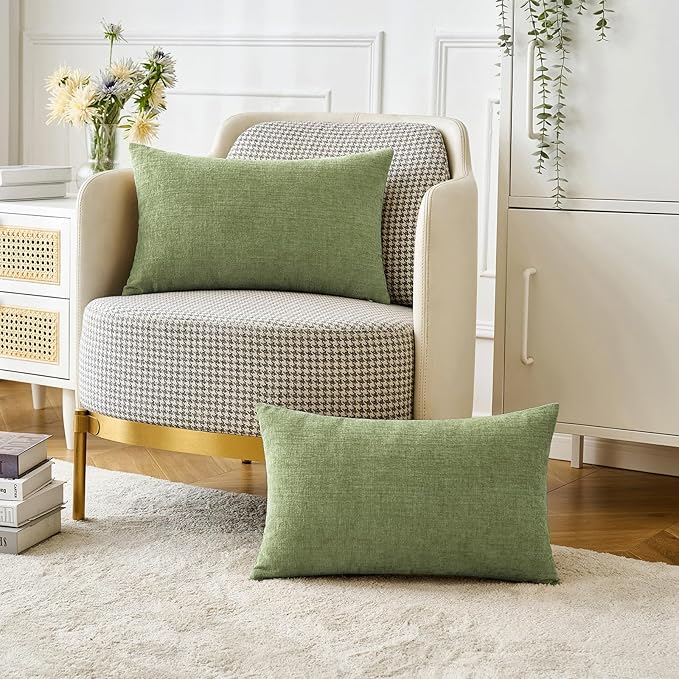 MIULEE Pack of 2 Couch Throw Pillow Covers 12x20 Inch Spring Soft Sage Green Chenille Lumbar Pillow Covers for Sofa Living Room Solid Dyed Cases