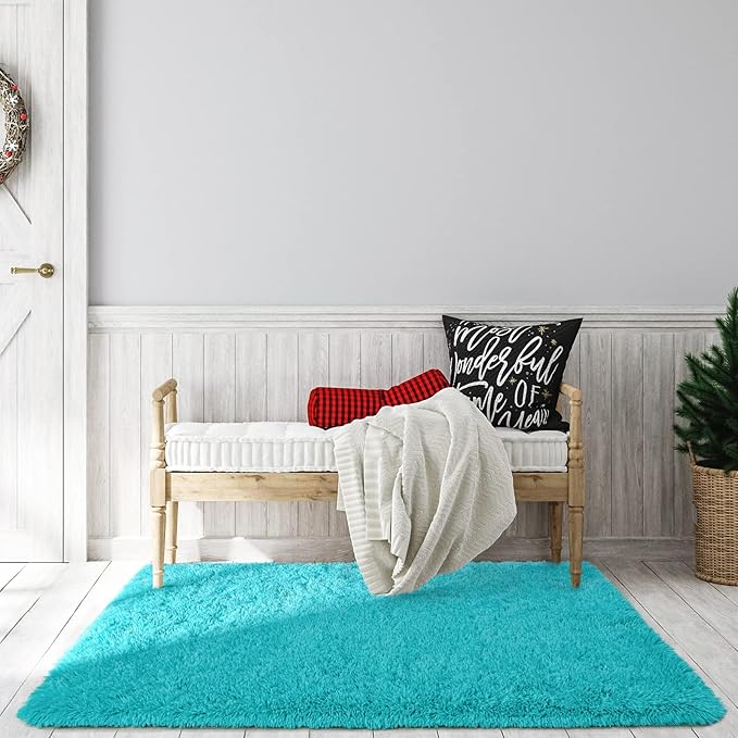 TWINNIS Super Soft Shaggy Rugs Fluffy Carpets, 4x5.9 Feet, Indoor Modern Plush Area Rugs for Living Room Bedroom Kids Room Nursery Home Decor, Upgrade Anti-Skid Rectangular Fuzzy Rug, Blue
