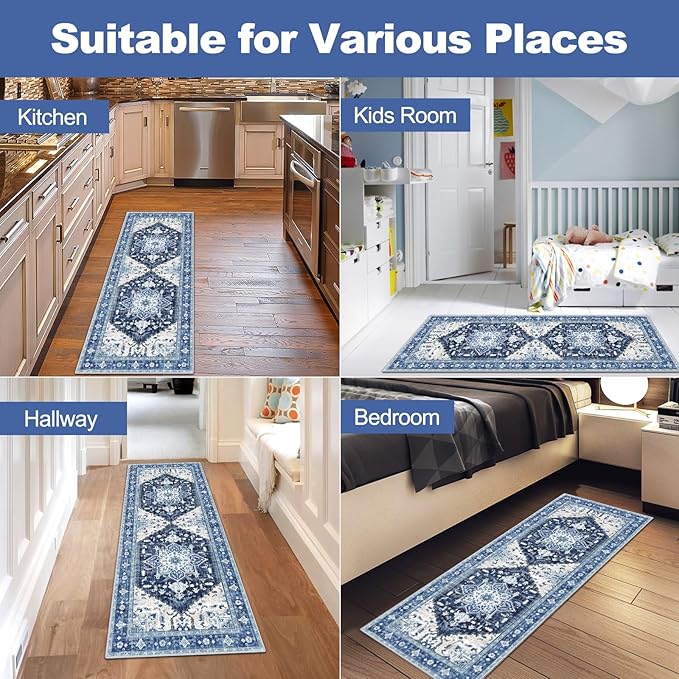 Yamaziot Washable Runner Rug, 2x5 Non-Slip Boho Vintage Hallway Rug Runner with Rubber Backing, Stain Resistant & Low Pile Faux Wool Distressed Carpet Runner for Kitchen, Laundry, Entrance, Blue