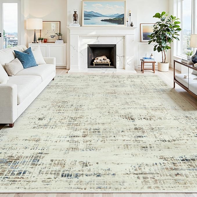 10x14 Area Rugs for Living Room Washable Rug: Anti-Skid Abstract Modern Living Room Rug Soft Thin Carpets Indoor Floor Non-Shedding Carpet for Bedroom Dining Farmhouse Nursery Gray White Blue