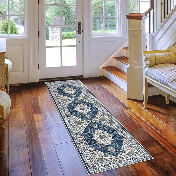Hallway Washable Runner Rug - 2x7 Kitchen Rugs Entryway Rug Runner Vintage Soft Floor Mat Non Slip Indoor Farmhouse Carpet for Bathroom Living Room Bedroom (2 X 7, Blue)