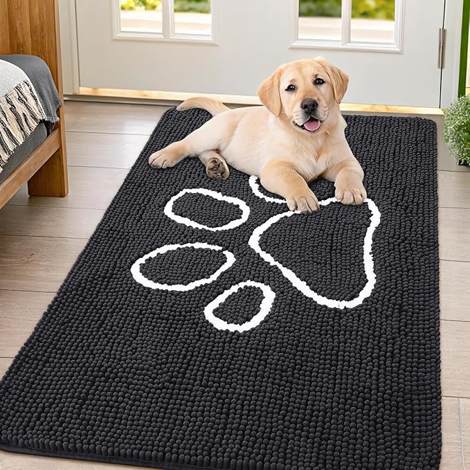 Smiry Dog Door Mat for Muddy Paws, Absorbent Dirt Trapper Non Slip Quick Dry Washable Chenille Mat for Mud Dogs, Entry Rug for Indoor and Outdoor (44x32 Inches, Black and White)
