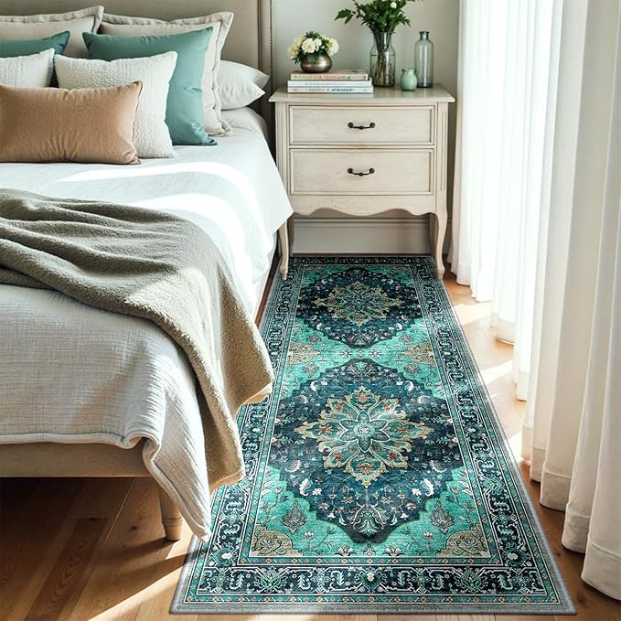 Area Rugs 3'x8' Runner Rug Non Slip Washable for Kitchen Hallway Bedroom Beside Laundry Room Bathroom Rug, Floor Carpet, Teal Green Lake Blue Turquoise
