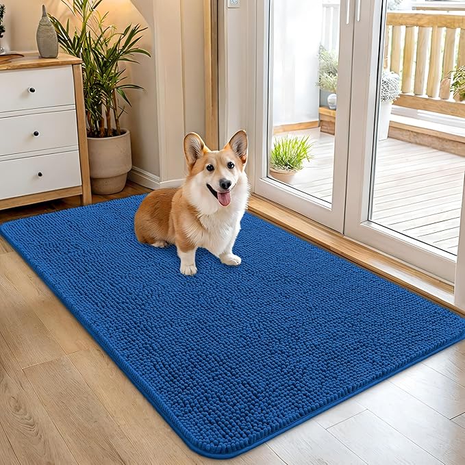 OLANLY Dog Door Mat for Muddy Paws 45x27, Absorbs Moisture and Dirt, Absorbent Non-Slip Washable Doormat, Quick Dry Chenille Mud Mat, Entry Indoor Entryway Carpet for Inside Floor, Deep Navy Blue