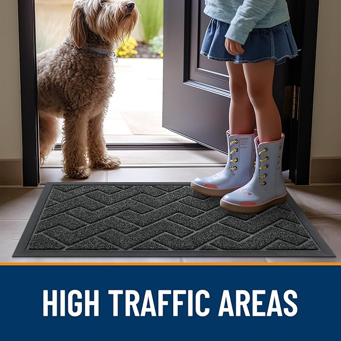 OLANLY Front Door Mat Indoor Outdoor Entrance, Waterproof All-Season, All-Weather Doormat, Sturdy Natural Rubber, Low Profile, Easy Clean Patio Porch Entryway Mat, Herringbone Brick (Black, 29.5x17)