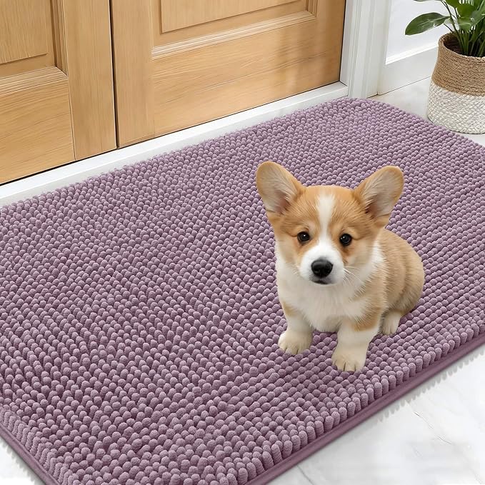 OLANLY Dog Door Mat for Muddy Paws 24x16, Absorbs Moisture and Dirt, Absorbent Non-Slip Washable Doormat, Quick Dry Chenille Mud Mat for Dogs, Entry Indoor Entryway Carpet for Inside Floor, Deep Plum
