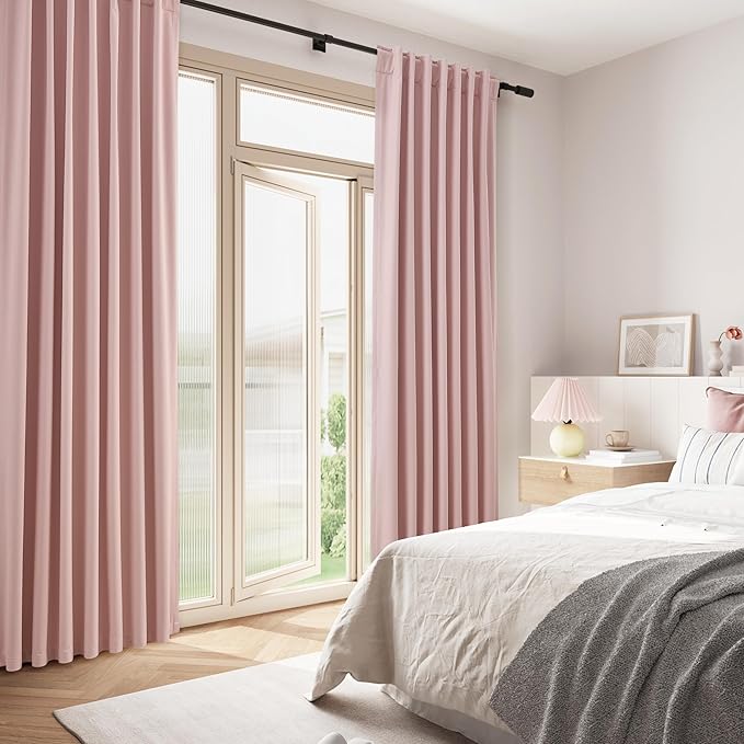 Guken 100% Blackout Linen Curtains 90 Inch 2 Panels Set for Girl's Bedroom, Living Room, Nursery, Back Tab Thermal Insulated Black Out Drapes Room Darkening, Pink
