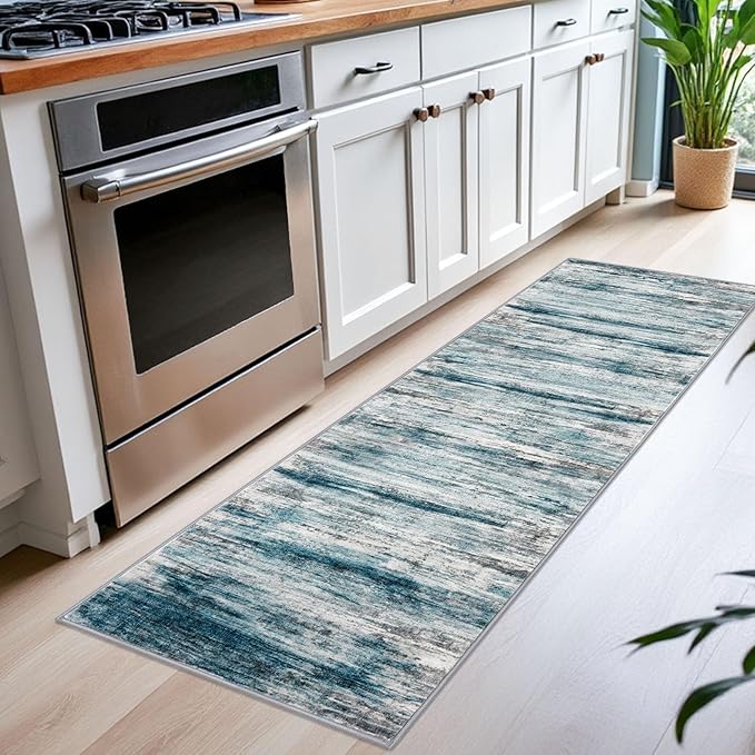 KOZYFLY Modern Abstract Hallway Runner Rug, 2x6 Washable Rug Runner Non-Slip Soft Striped Kitchen Runner Rugs, Print Blue Carpet Runner for Entryway Bathroom Laundry Room Foyer