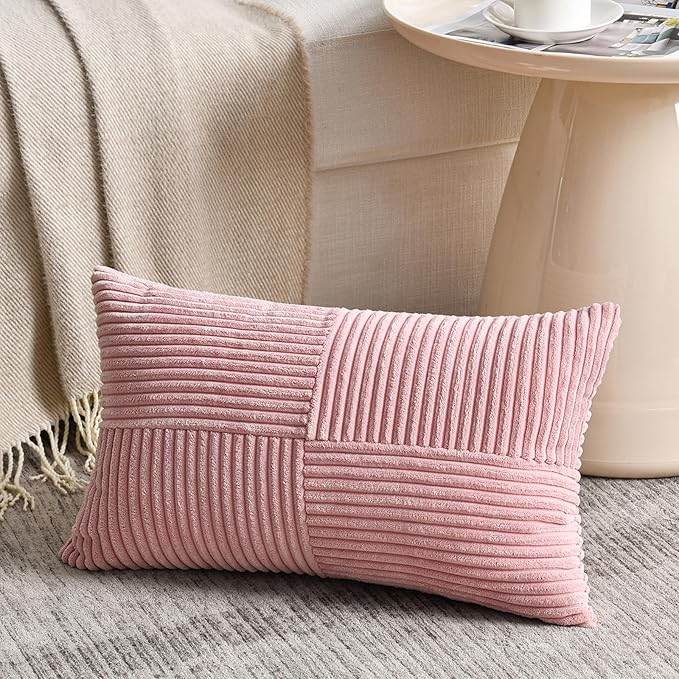 Fancy Homi 2 Packs Blush Pink Lumbar Decorative Throw Pillow Covers 20x28 Inch for Living Room Couch Bed, Rustic Farmhouse Boho Home Decor, Soft Striped Corduroy Rectangle Accent Cushion Case 50x70 cm