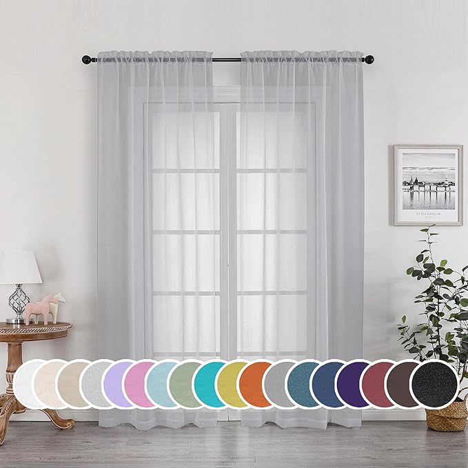 OWENIE Sheer Curtains 72 Inches Long for Living Room Bedroom, Rod Pocket Fimly Voile Door Curtains with Soft Touch, Rod Pocket Solid Light Grey Voile Elegant Airy Curtains, Each 42Wx72L inch