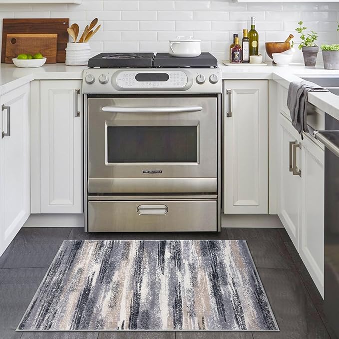 Lansny Modern Abstract Entryway Rug Indoor 2x3 Washable Rug Non-Slip Soft Small Area Rug Grey Black Multi Kitchen Mats Thin Print Faux Wool Floor Carpet Throw Rugs for Entrance Bedroom Home Decor