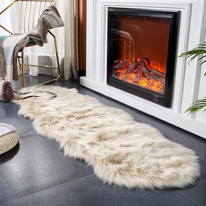EasyJoy Ultra Soft Fluffy/Fuzzy Shaggy Area Rug Faux Fur Chair Cover Seat Pad for Bedroom Floor Sofa Living Room (2 x 6 ft Sheepskin, Beige)