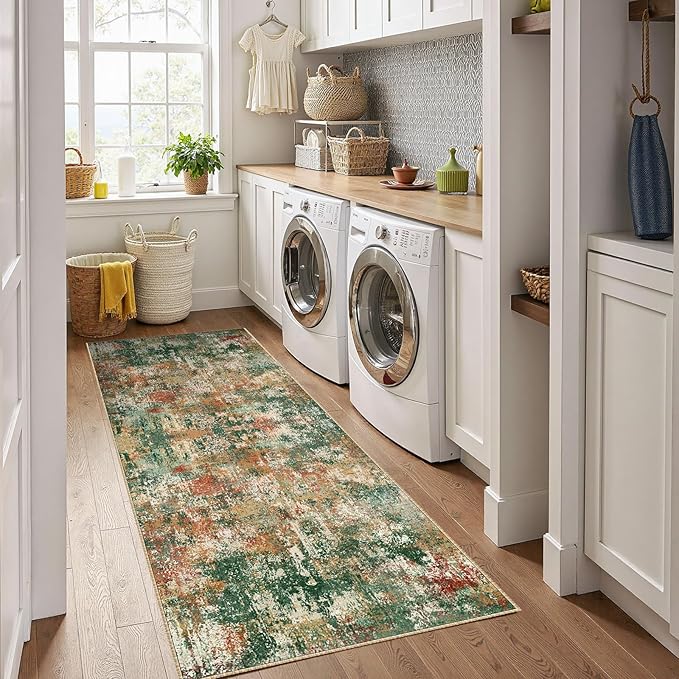 Washable Area Rugs 2'x8' Non-Slip Modern Abstract Soft for Living Room Entryway Bedroom Nursery, Print Pattern, Green Orange Rust Red Cream Colorful