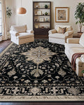 Area Rugs 10'x14' Washable Non-Slip, Floral Vintage Distress Print Pattern Medallion Carpet for Living Room Bedroom Dining Room, Black Brown Neutral Dark Tan