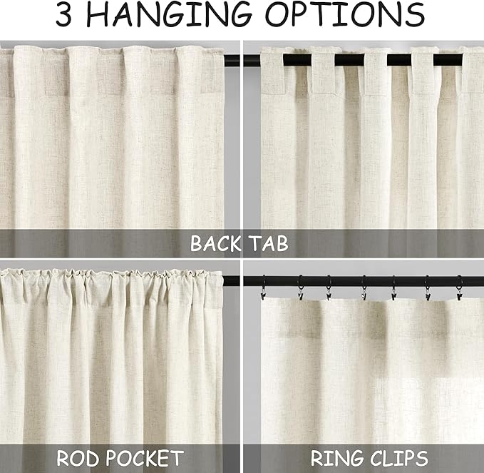 Warm Beige Linen Curtains 63 Inches Long 2 Panel Sets for Living Room Bedroom Rod Pocket Back Tab Light Filtering Drape for Kitchen Window Short Protect Privacy Curtain Modern Farmhouse Decor 52x63