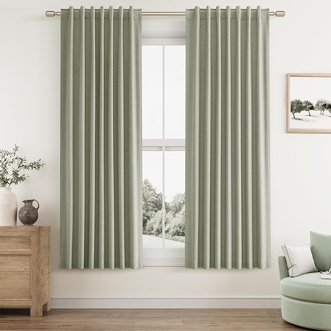 Sage Green 100% Blackout Curtains 63 Inch Length 2 Panels Set for Living Room Bedroom Back Tab Thermal Insulated Black Out Linen Drapes Room Darkening Window Curtains 63 Inches Long