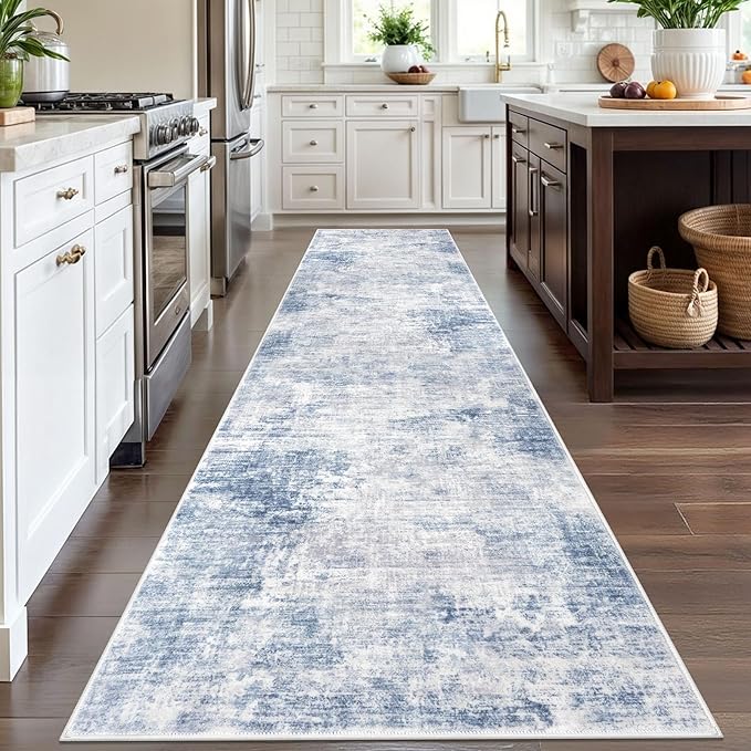 IOHOUZE Abstract Runner Rug 3x12 Ft Washable Runners for Hallways, Non Slip Kitchen Runner Printed Faux Wool Entryway Runner Indoor, Modern Abstract Floor Carpet for Hall Kitchen, Light Blue Grey