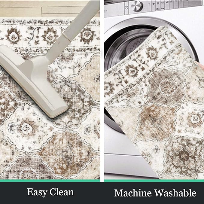 HEBE Washable Area Rug - 2'x3' Non Slip Soft Distressed Medallion Bedroom Boho Living Room Accent Throw Vintage Entry Floor Carpet for Dining Room Bathroom Entryway