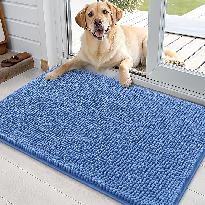 OLANLY Dog Door Mat for Muddy Paws 36x24, Absorbs Moisture and Dirt, Absorbent Non-Slip Washable Doormat, Quick Dry Chenille Mud Mat, Entry Indoor Entryway Carpet for Inside Floor, Cornflower Blue