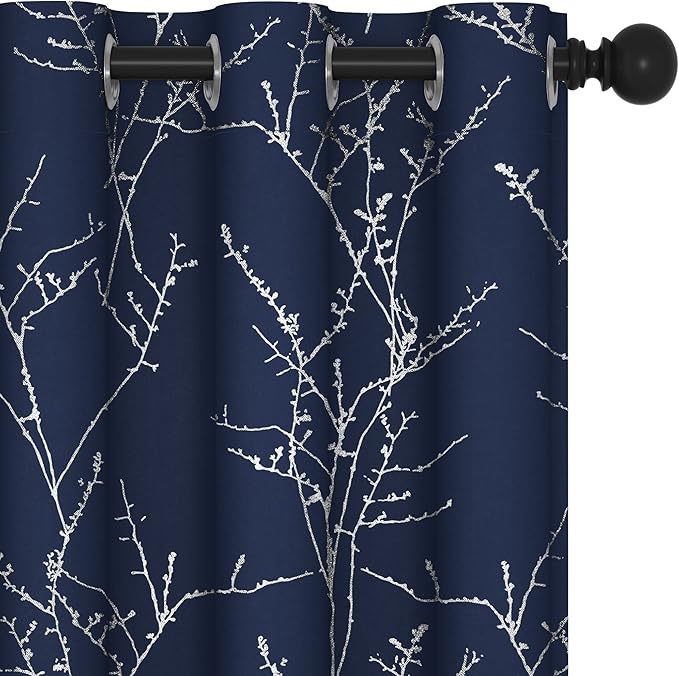 Deconovo Blackout Curtains, Navy Blue Curtain, Thermal Insulated Soundproof Drapes, Branch Silver Print, 42 x 84 Inch Long, Machine Washable Grommet Panels for Bedroom Living Room Office, Set of 2
