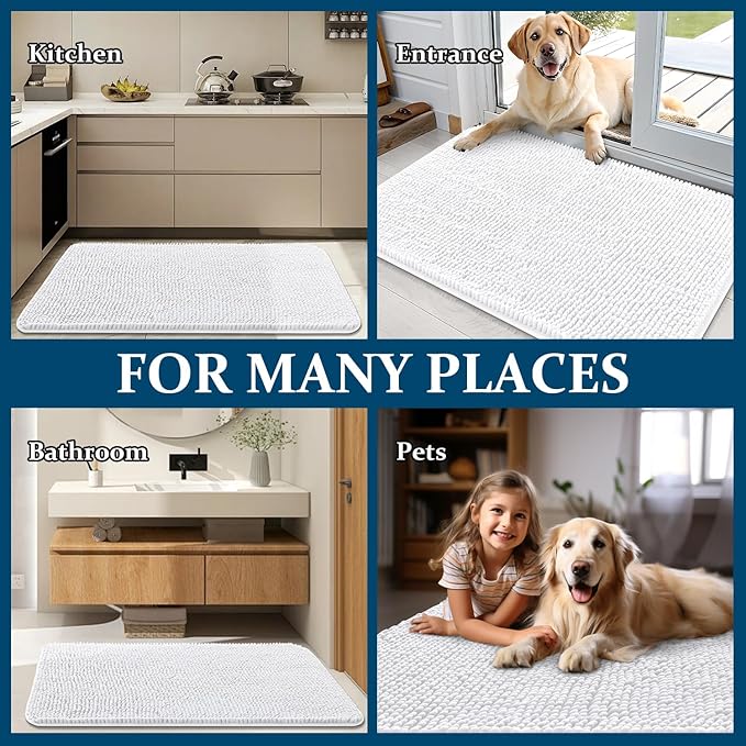 OLANLY Dog Door Mat for Muddy Paws 59x32, Absorbs Moisture and Dirt, Absorbent Non-Slip Washable Doormat, Quick Dry Chenille Mud Mat for Dogs, Entry Indoor Entryway Carpet for Inside Floor, White