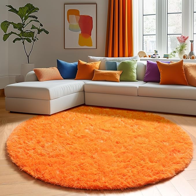 Amdrebio Orange Round Circle Rug 4Ft for Bedroom Living Room, Fluffy Fuzzy Area Rugs for Kids Room Decor Aesthetic, Cute Furry Plush Shag Carpet for Toddler Teen Girls Boys Baby Nursery Dorm Playroom