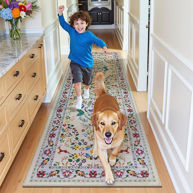 HEBE Washable Hallway Runner Rug 2'x 6' Non Slip Kitchen Rugs Runner,Low Pile Entryway Rug Laundry Room Mat Floral Carpet Runners for Hallways, Kitchen,Bathroom,Laundry,Bedside Rug