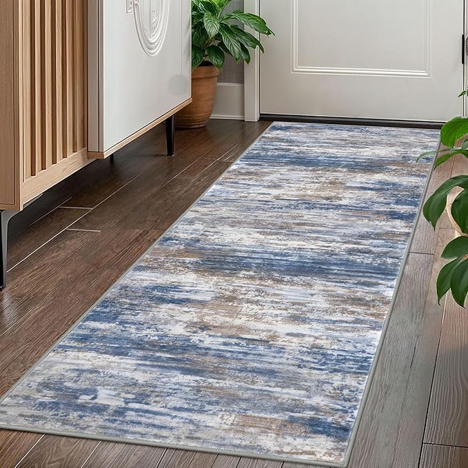KOZYFLY Kitchen Runner Rug for Hallway Non-Slip Modern Abstract Runner Rug 2x5 Blue Rust, Washable Carpet Runner Laundry Room Mat with Soft Low Pile for Entryway Bathroom Bedroom Kitchen