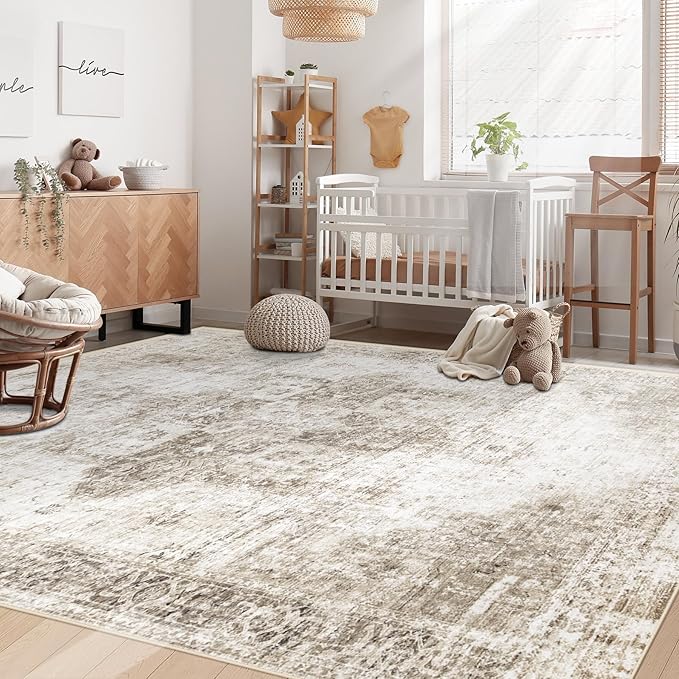 Area Rug 6x9 Washable Rug, Vintage Boho Medallion Rugs Non-Slip Soft Low Pile Large Distressed Rug Indoor Retro Carpet for Living Room Bedroom Dining Room Home Office (Taupe, 6'x9')