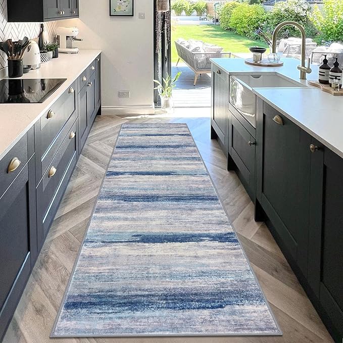 KOZYFLY 3x10 Ft Rug Modern Ombre Runner Rug for Hallway, Washable Kitchen Rugs Non-Slip Soft Striped Entryway Rug, Print Blue/Grey/Beige Abstract Carpet for Laundry Nursery