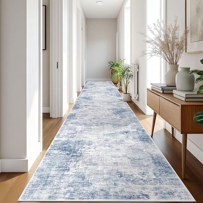 IOHOUZE Abstract Runner Rug 3x18 Ft Washable Runners for Hallways, Non Slip Kitchen Runner Printed Faux Wool Entryway Runner Indoor, Modern Abstract Floor Carpet for Hall Stair, Light Blue Grey