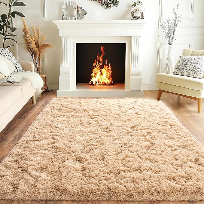 Pionblank Fluffy Area Rug for Bedroom 4x6 Feet, Indoor Plush Carpet, Shag Soft Bedside Rug, Cute Comfy Furry Rug for Living Room Dorm Girls Boys Room Nursery Decor, Camel
