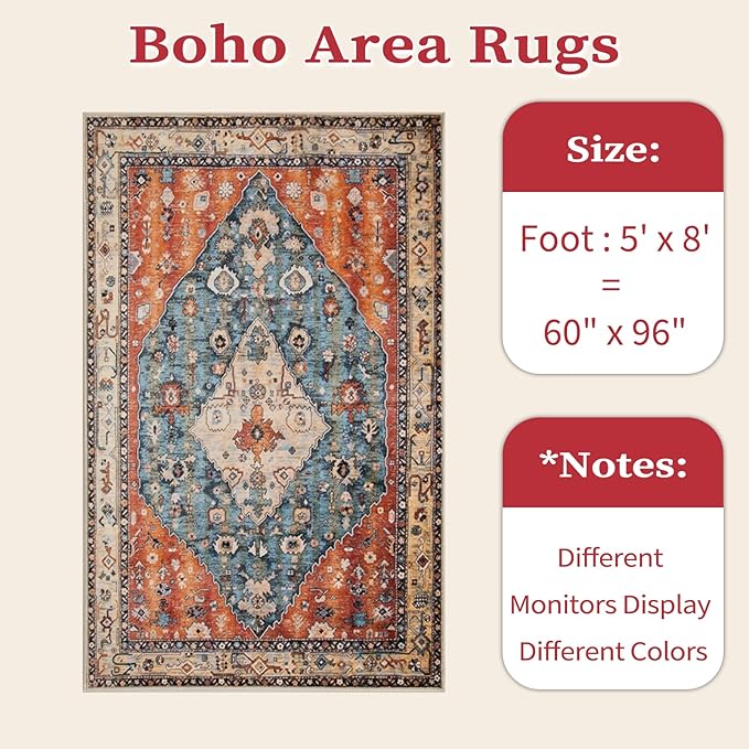 SERISSA 5x8 Area Rugs for Living Room, Large Washable Non-Slip Boho Rug, Ultra Soft Vintage Tribal Oriental Print Distressed Carpet for Bedroom Dining Room Dorm Office Home Decor