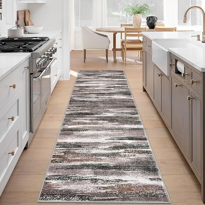 Lansny Modern Abstract Runner Rug 3x8, Dark Light Brown White Washable Kitchen Runner Non-Slip Soft Hallway Rug Runner Thin Print Faux Wool Carpet for Entryway Bedroom Laundry Room Indoor