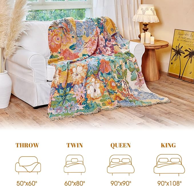 MSGKV Boho Throw Blanket for Couch 50"x60" Cotton Floral Blankets for Sofa Chair Spring Breathable Farmhouse Home Decor All Seasons Lightweight Muslin