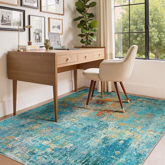 Washable Area Rugs 5'x7' Non-Slip Modern Abstract Soft for Living Room Entryway Bedroom Nursery, Print Pattern, Teal Blue Green Orange Rust Red Coloreful