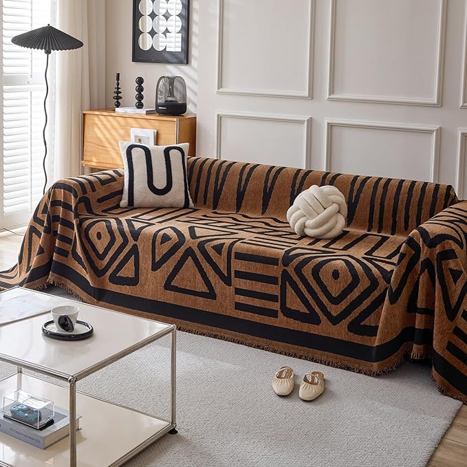 HANDONTIME Boho Geometric Couch Covers for Sofa Pet Friendly Brown and Black Sofa Covers Washable Chenille Couch Blanket Cover for 2 3 Cushion Couches Pet Protector Furniture Cover Soft, 71" X 118"