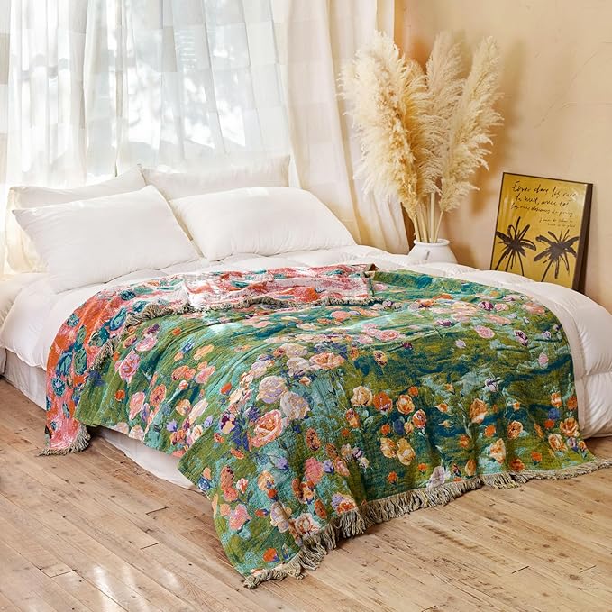 MSGKV Boho Throw Blanket for Couch Cotton Floral Blanket 50"x60" for Sofa Chair Throws Muslin Spring Breathable Lightweight Farmhouse Blankets Home Decor All Seasons