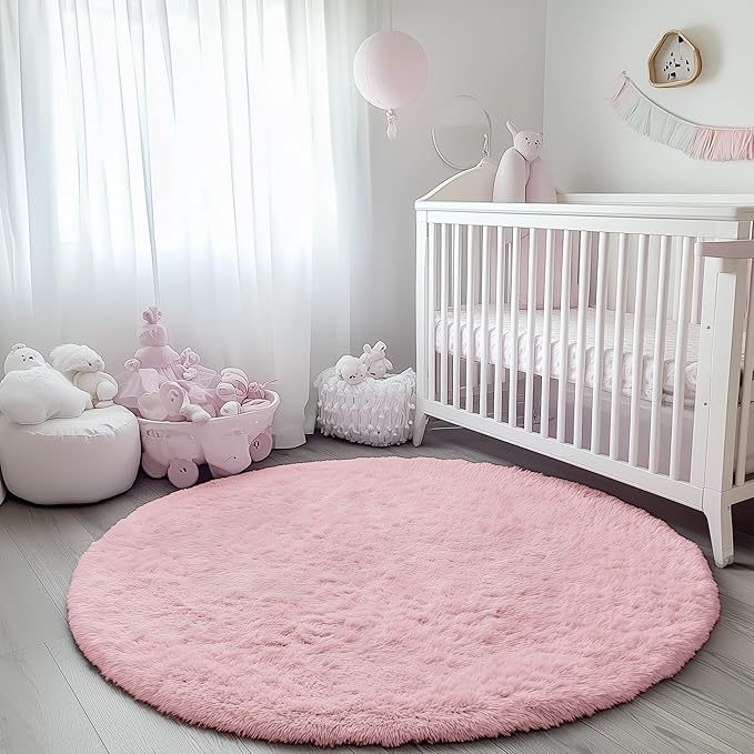 ONASAR Light Pink Round Area Rugs 3ft for Bedroom Living Room, Fluffy Cat Dog Bed Mat, Circle Rug for Kids Girls Boys Teen, Soft Plush Shaggy Carpet for Nursery Dorm Home Decor Aesthetic