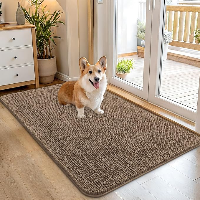 OLANLY Dog Door Mat for Muddy Paws 45x27, Absorbs Moisture and Dirt, Absorbent Non-Slip Washable Doormat, Quick Dry Chenille Mud Mat for Dogs, Entry Indoor Entryway Carpet for Inside Floor, Tan