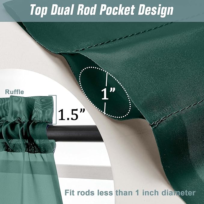 Green Sheer Curtains 90 Inches Long 2 Panels, Light Filtering Solid Sheer Curtains for Christmas, Lightweight Soft Airy Voile Sheer Drapes, Dual Rod Pocket, Hunter Green, 2x42Wx90L Inches
