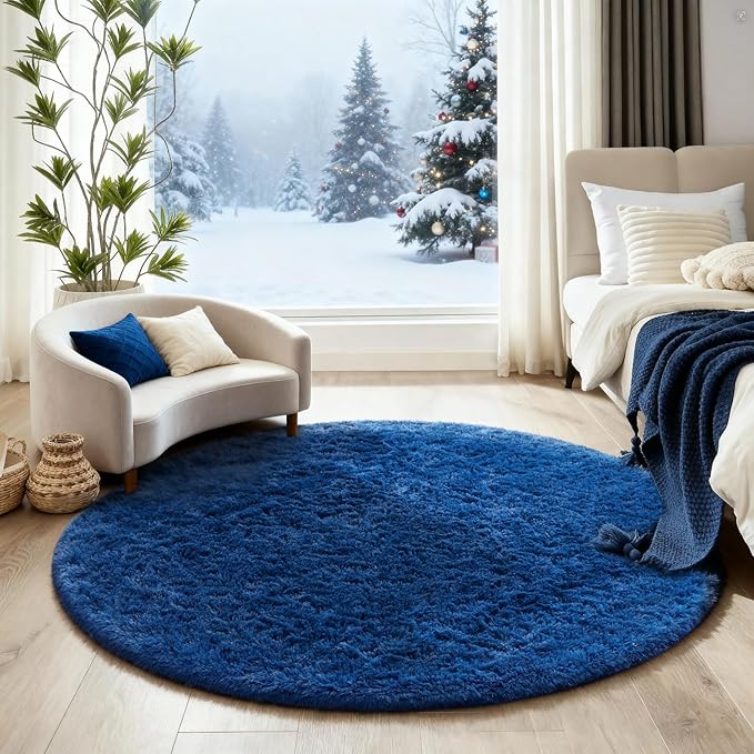 Ophanie Blue Round Rug 4Ft Circle Area Rug, Boys Room Decor, Fluffy Fuzzy Plush Soft Bedroom Carpet, Shaggy Living Room Rugs for Kids Home Nursery Decor Aesthetic