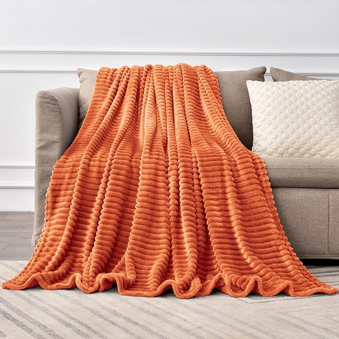 BEDELITE Fleece Blanket King Size – 3D Ribbed Jacquard Soft and Warm Decorative Blankets – Cozy, Fuzzy, Fluffy, Plush Lightweight Throw Blankets for Couch, Bed, Sofa(Orange, 108x90 inches)